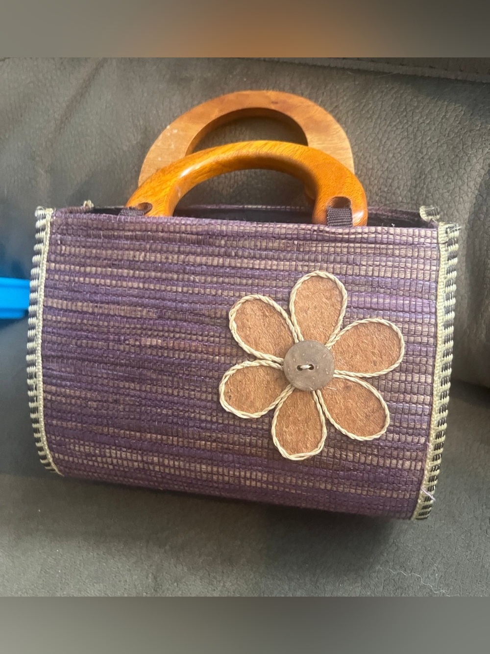Handwoven Purple Floral Accent Womenβs Handbag with Wooden Handles